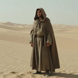 a man wearing a long cloak and hood, in the desert, film still, panavision panaflex
