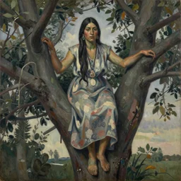 indigenous woman on top of a tree, painted by lucian freud, hd, super detailed, realistic, muted colors