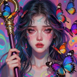 beautiful, young woman, detailed gorgeous face, sad eyes, crying, holding a staff, vaporwave aesthetic, synthwave, colorful, psychedelic, digital art, butterflies, birds, digital painting, artstation, concept art, smooth, extremely sharp detail, finely tuned detail, ultra high definition, ultra sharp focus, illustration, art by artgerm and greg rutkowski and alphonse mucha