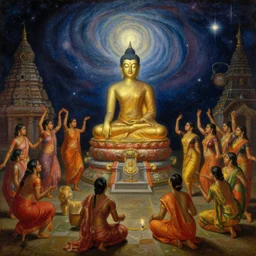 buddha explaining universe to 8 0's srilankan womans are dancing on temple, painting by james jean, craig mullins, j. c. leyendecker, lights, art by ernst haeckel, john william godward, hammershøi