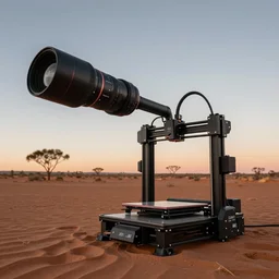 3d printer drone with giant extrusion nozzle in the australian desert,  XF IQ4, 150MP, 50mm, F1.4, ISO 200, 1/160s, dawn