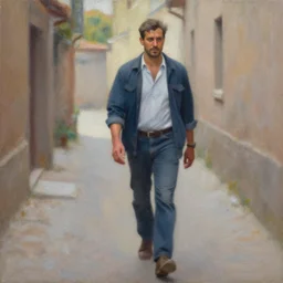 a beautiful painting of a man strolling down an alley by Steve Hanks