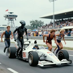Alien, Ripley, LeeLoo, Starship Troopers, Sprinters in a race with a clear winner, The Olympics footage, intense moment, cinematic stillframe, shot by Roger Deakins, The fifth element, vintage robotics, formula 1, starring Geena Davis, sports photography, clean lighting