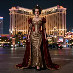 realistic matte painting, full body portrait, the duchess of blood, owns the las vegas night, highly detailed, CGsociety, subtle, concept art, HDR, hyper realistic, volumetric lighting, subsurface scattering, unreal