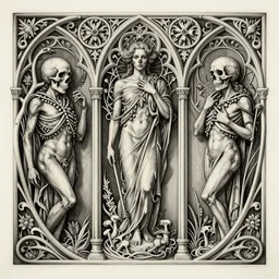 detailed realistic memento mori etching by cameron gray and juan davila, gothic ornament, skulls, bones, art nouveau, neogothic, ornate art nouveau botanicals, horizontal symmetry