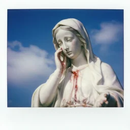 closeup of crying white mother mary statue, pictured slightly from below, clear sky with blue clouds in background, covered in blood, vintage polaroid