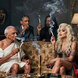 smoke session for the ages: Gandhi , Obama, Jesus, And Lady GaGa smoking a fat blunt on a sofa by Andy Warhol, photograph