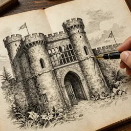 medieval high detailed drawing of a jail made by a pen on an antique map paper