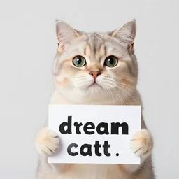 realistic high quality photo of a cute cat holding a sign with text that reads : dream cattt