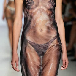 close up of dress  with print of a  female body, in year 3000, catwalk, highly detailed