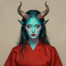 portrait of a female demon with cyan skin and horns, wearing red clothes, by gerald brom, and ( nikolay makovsky ).