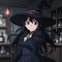anime visual, portrait of a young female traveler wearing a witch hat in a alchemist's potion shop interior, cute face by yoh yoshinari, katsura masakazu, cinematic luts, dynamic pose, dynamic perspective, strong silhouette, anime cels, ilya kuvshinov, crisp and sharp, rounded eyes, moody, cool colors