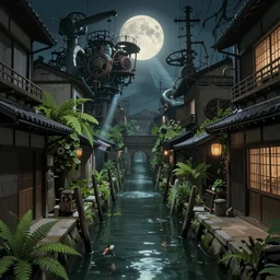 a canal in venice, dystopian, steampunk style, Miyazaki tekkonkintreet Teikoku Shounen style, amazing Traditional Japanese alley lane on full moon, machinery and wires, lush vegetation and ferns, sun rays, octane render, trending on artstation, hyper detailed, cinematic