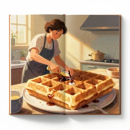 book illustration of your mom making gigantic waffles, book illustration, vivid colors, white background