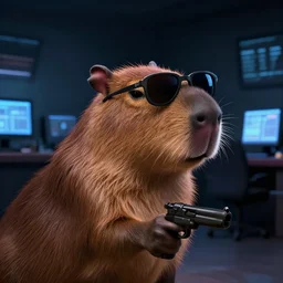 portrait, profile picture of capybara holding gun, wearing sunglasses in a dark surveillance control!!! room, face illuminated by the dim light from computer screen f 1. 8. 8 k. from the new pixar movie