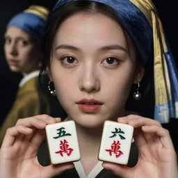 young and beautiful Asian woman, close up shots , symmetrical face, with hands holding 2 Chinese Mahjong tiles, patterns facing to audience, painted by Kerry James Marshall and Vermeer, cinematic lighting of movies directed by Wong Kar Wei, Stanley Kubricks, Norman Rockwell, super realistic, ultra realistic, 4K, highly detailed.