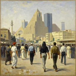 painting of egyptian commuters heading to the central business district of cairo, painted by laurence stephen lowry, oil on canvas, national gallery