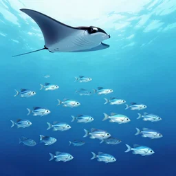 a large group of angel fish swimming in the ocean with a manta ray, a jigsaw puzzle by paul emmert, shutterstock contest winner, rayonism, national geographic photo, bioluminescence, fisheye lens