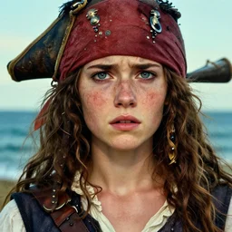 close - up on face of teenage freckled mediterranean pirate girl, freckles, face of anxiety and worry, white linen, leather detailing, seaside backgroud, art for best - selling award - winning young adult fantasy novel, intricate, elegant, well composed, highly detailed, art by chengwei pan and viktoria gavrilenko and artgerm and greg rutkowski and alphonse mucha, trending on artstation