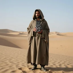 a man wearing a long cloak and hood, in the desert, arriflex 35