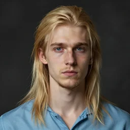 digital oil portrait of a skinny european male, longer blond hair and a light stubble beard, wearing a light blue shirt, blue eyes, rugged, teenage, fantasy, wizard, trending artstation, dungeons & dragons, neutral expression, dark lighting, high detail