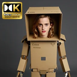 emma watson as a cardboard box robot, ( sony a 7 r iv, symmetric balance, polarizing filter, photolab, lightroom, 4 k, dolby vision, photography awardm, voque, perfect face )