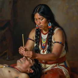 a beautiful painting of an indigenous female doing a healing shamanic ritual for another person, matte painting, by christophe vacher