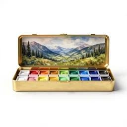 brass watercolor paint set, clean 3d render, octane render, isolated on a pure white background, centered, entire object in frame, sharp focus, soft studio lighting