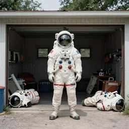 1 9 9 0 color photo portrait of an astronaut suits discarded in the garage, summer, daylight, long - shot, cinematic tone,
