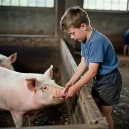color film still, a boy tending to pigs in a piggery. ; babe ( 1 9 9 5 )