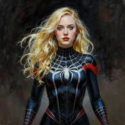 ultra realistic painting of elle fanning as ghost spider, art by frank frazetta, 4 k, ultra realistic, highly detailed, epic lighting