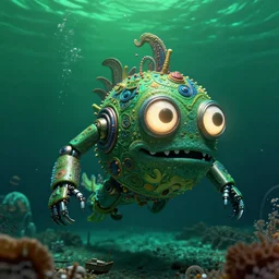 detailed effervescent underwater ocean scene, an ornate funny sea monster creature with large glowing eyes, robotic, close up detail, floats by camera, a small shipwreck on the seabed, by maurice sendak, shaun tan made in hyperrealistic 3 d, octane render, dark green colours, sharp focus, 8 k, nighttime