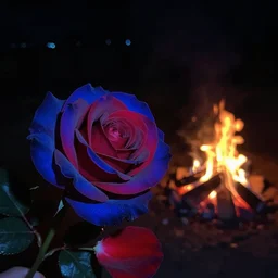 dark hell style, with a blue and red rose, petals with realistic first view, next to a fire slurry. dark ultra wide angle night view.