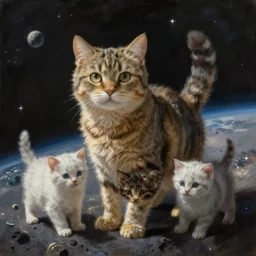 realistic painting of cat and kittens in space