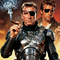sean connery as big boss smoking a cigar, metal gear, grainy, saturated, eye patch, movie poster, 1 9 8 7, snake plisskin, by drew struzan and frank frazetta