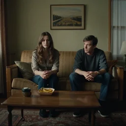 A moody photograph of a woman sitting next to a man in a 90s living room, Gregory Crewdson, Wes Anderson