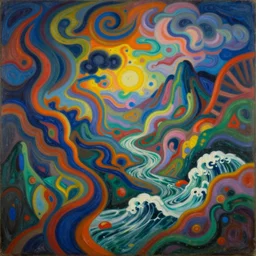 An insane, modernist landscape painting. Wild energy patterns rippling in all directions. Curves, organic, zig-zags. Mountains, clouds. Rushing water. Waves. Psychedelic dream world. Odilon Redon. Matisse landscape painting.