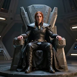 Katniss Everdeen as Emperor Palpatine, sitting on the throne in the Death Star