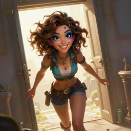an epic fantasy comic book style portrait painting of a girl wearing colorful makeup with a smile and curly brown hair stepping out of a doorway with light shining behind her, unreal 5, daz, hyperrealistic, octane render, cosplay, rpg portrait, dynamic lighting