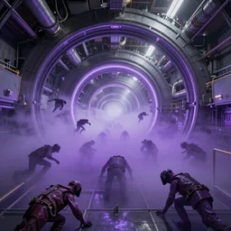 interdimensional beings crawling out from the Large Hadron Collider at cern with a purplish fog 4k extremely high level of detail