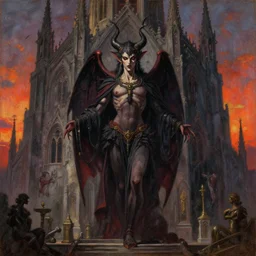baroque oil painting of anime satan in church, brutalist, dark fantasy, sunset, rule of thirds, digital cel shading, fake hidden detail