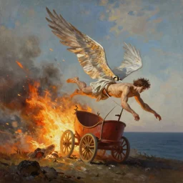 awe-inspiring bruce pennington landscape digital art painting of icarus crashing and burning his chariot, 4k, matte