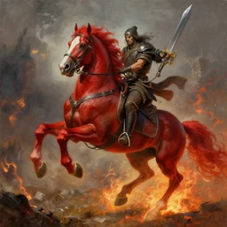 the first singular horseman of the apocalypse riding a strong big red stallion, horse is running, the rider carries a large sword, flames from the ground, artwork by artgerm and rutkowski, breathtaking, dramatic, full view