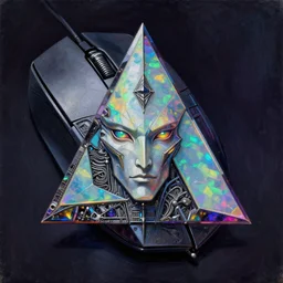 anthropomorphic triangle head in opal edgy darkgem mouse, futuristic, tim hildebrandt, intricate, elegant, sharp focus, illustration, art by artgerm, bob eggleton, michael whelan, stephen hickman, richard corben, wayne barlowe beautiful psychedelic dmt lighting, hyper detailed, 8 k, oil on canvas 8 k