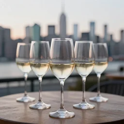 5 5 mm photo of white wine glass on a wooden table with the new york city skyline in the background. dof. bokeh. magical atmosphere. highly detailed 8 k. intricate. lifelike. soft light. nikon d 8 5 0.