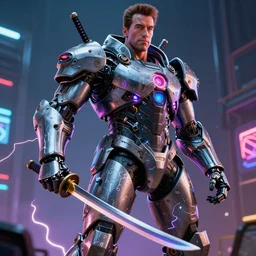 wide shot, photo of a Arnold Schwarzenegger, a huge humanoid cyborg with a katana, in a heavy futuristic armour, hyper realistic, hyper detailed, coherent photo, trending on artstation, cyberpunk, Japanese style, volumetric lightning, neon, electric colours, Cinematic, Dramatic, Film Grain, Kodak Portra, Depth of Field, 15 mm octane render, 4k, raytracing, blender