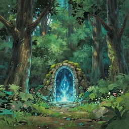 a wide shot of a serene forest with a magical portal, ghibli style