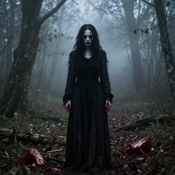 portrait of a creepy pale demon in a foggy forest, bloody debris nearby