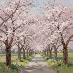 A scenic view of the cherry blossom forest, highly detailed impressionism painting,