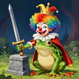 clown frog king pulls the sword from the stone, clown frog king wearing clown makeup and rainbow wig, clown crown artwork by Glenn Fabry